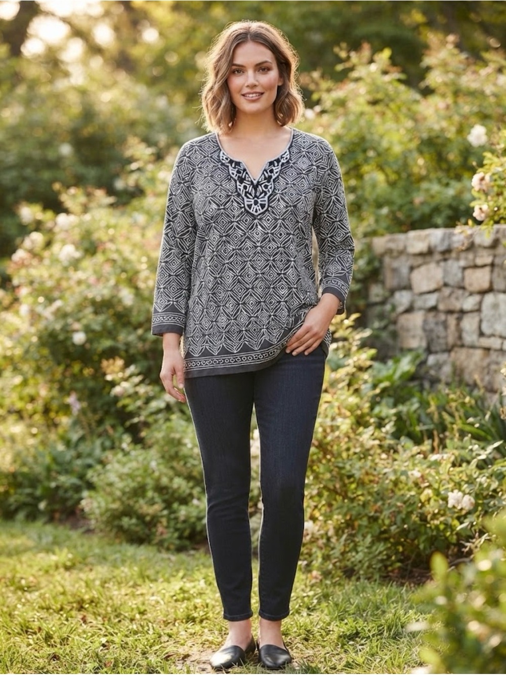 Dressbarn Women's Black White 3/4 Sleeve V Neck Pullover Blouse Top Size 1X